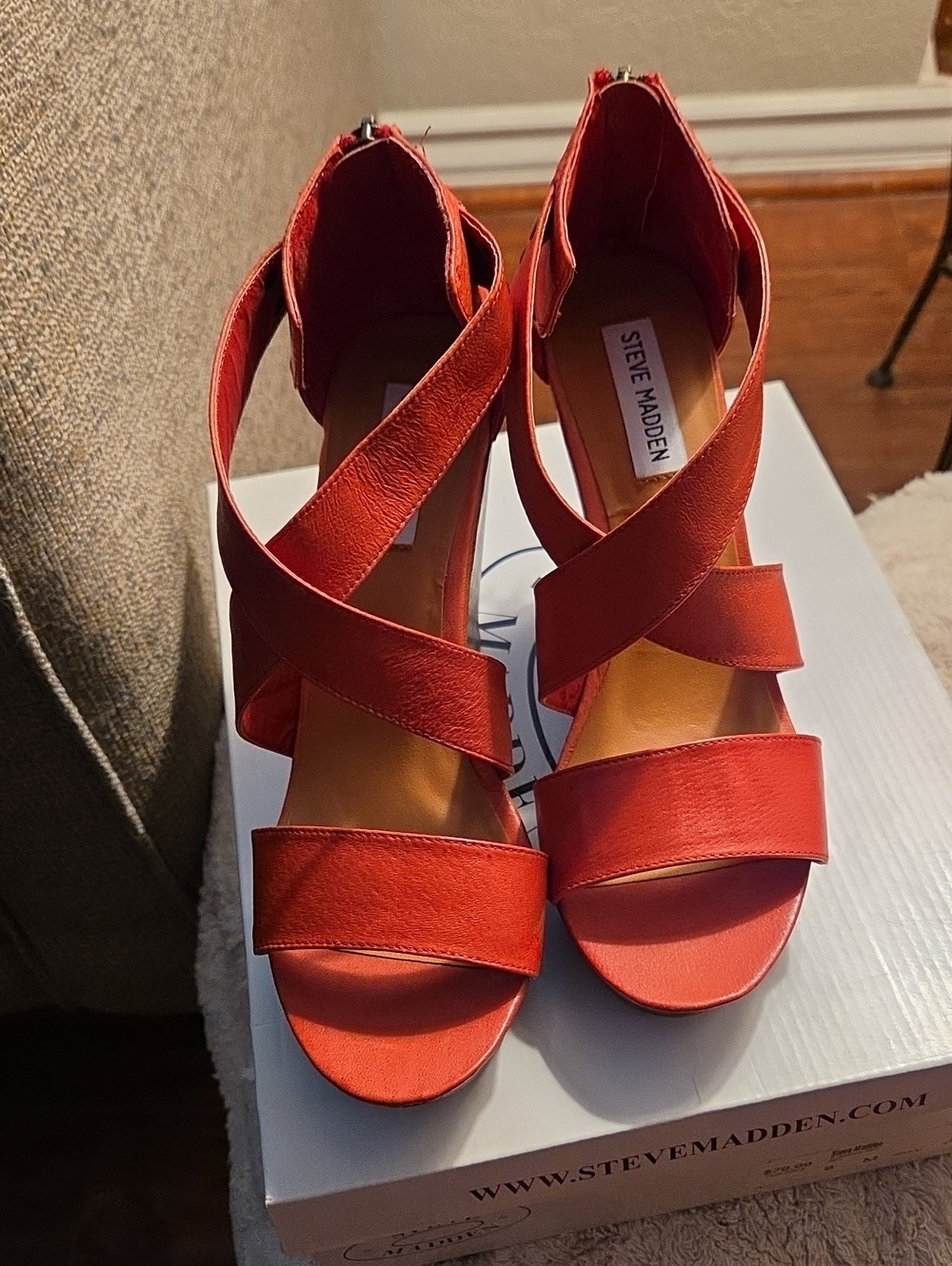 Steve Madden Red Strappy Wedge Sandals with Tassel